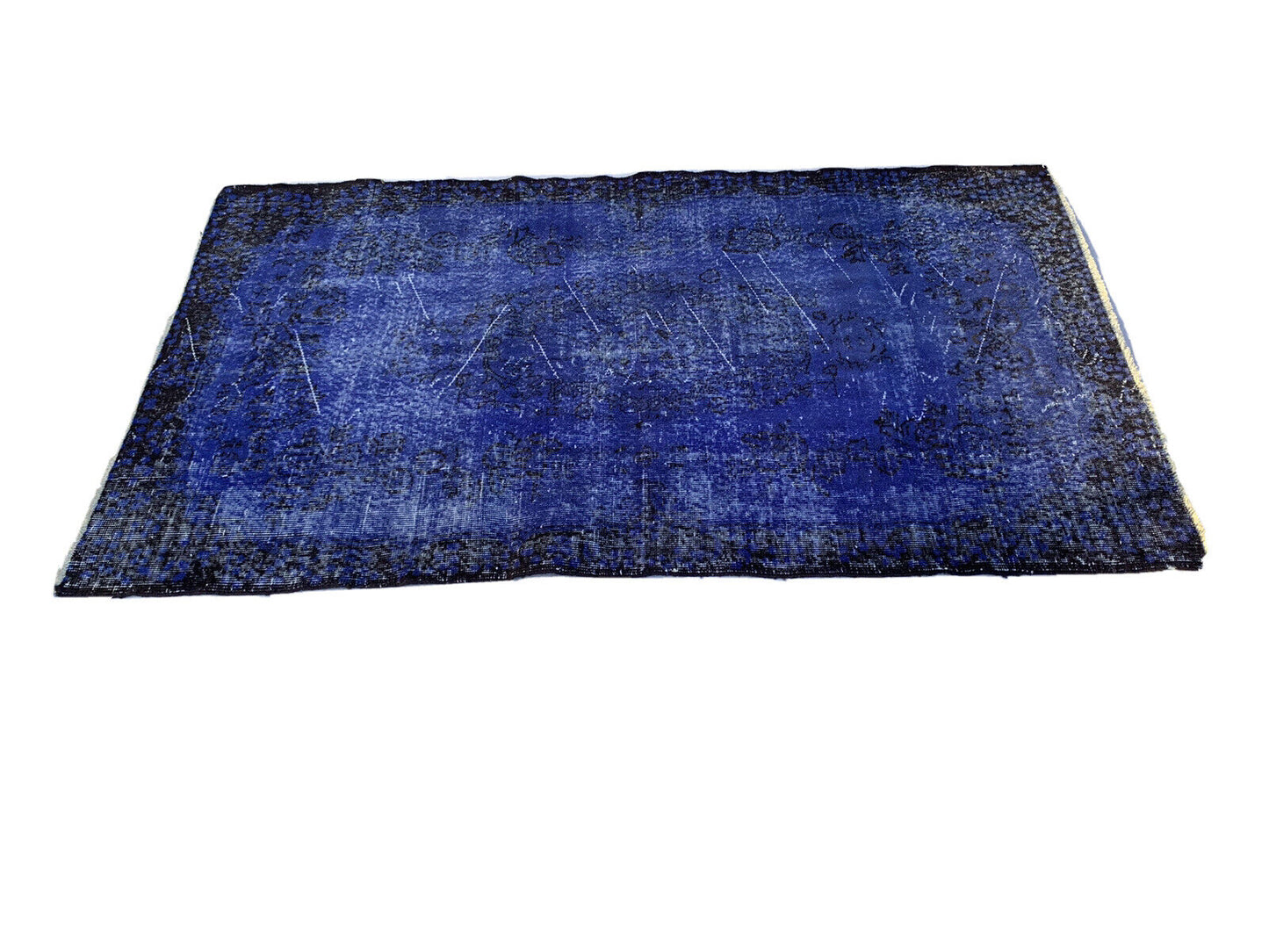 Distressed Overdyed Türkischer Teppich 212 x 117 cm Vintage Wolle Blau Medium